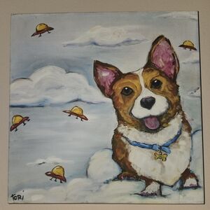 Charming Corgi In Space Canvas Art with UFOs